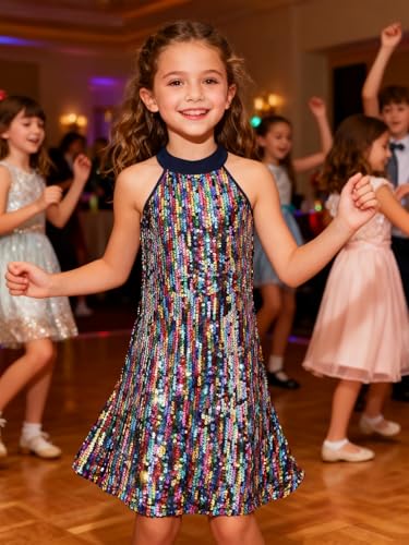 Image of WELAKEN Girls Ombre Sequin Dress Sparkly Fancy Short Puff Sleeves Gradient Party Dress
