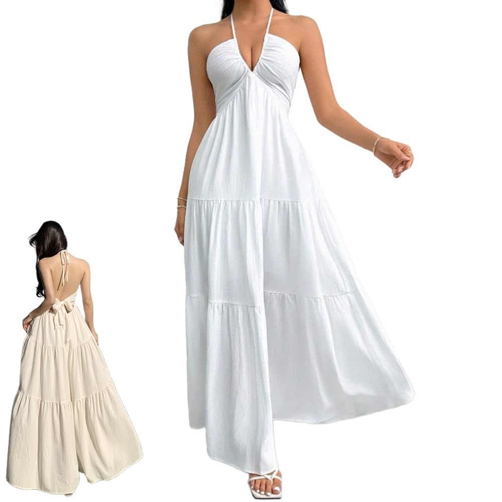 QWSYGH 2025 Women Halter V Neck Backless Long Dresses Flowy Adjustable Spaghetti Strap Ruffle Sexy Beach Beach Sundress (White,L)