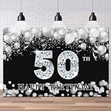 Happy 50th Birthday Backdrop, Fifty Years Old Birthday Decoration Banner, Black Silver Large Backdrop for Men Women 50th Birthday Party, 6x4ft