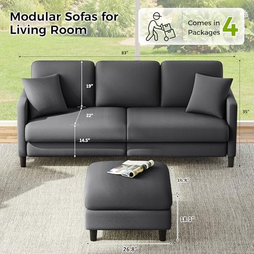 Image of Welzona 83 inch Couches for Living Room, Teddy Sofa Couch with Storage Ottomans, U Shaped Couch with Movable Ottomans, Tool-Free Modular Sectional Sofa, All-Wood Sofas for Living Room 2 Pillows, Grey