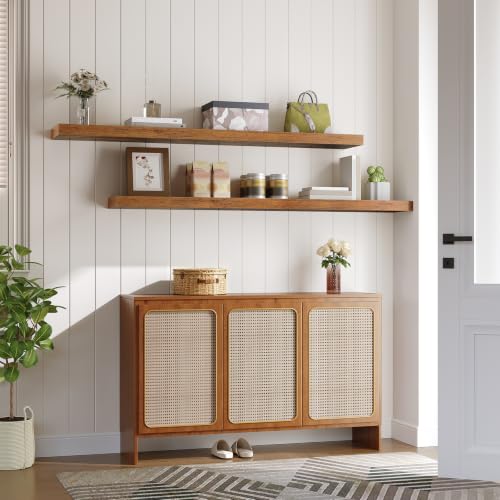 Image of HOOBRO Floating Shelves for Wall, Wall Mounted Shelf Set of 2, 55 inch Hanging Shelf with Invisible Brackets, for Wall Storage in Bathroom Bedroom Kitchen Living Room Office, Rustic Brown BF140BJP201