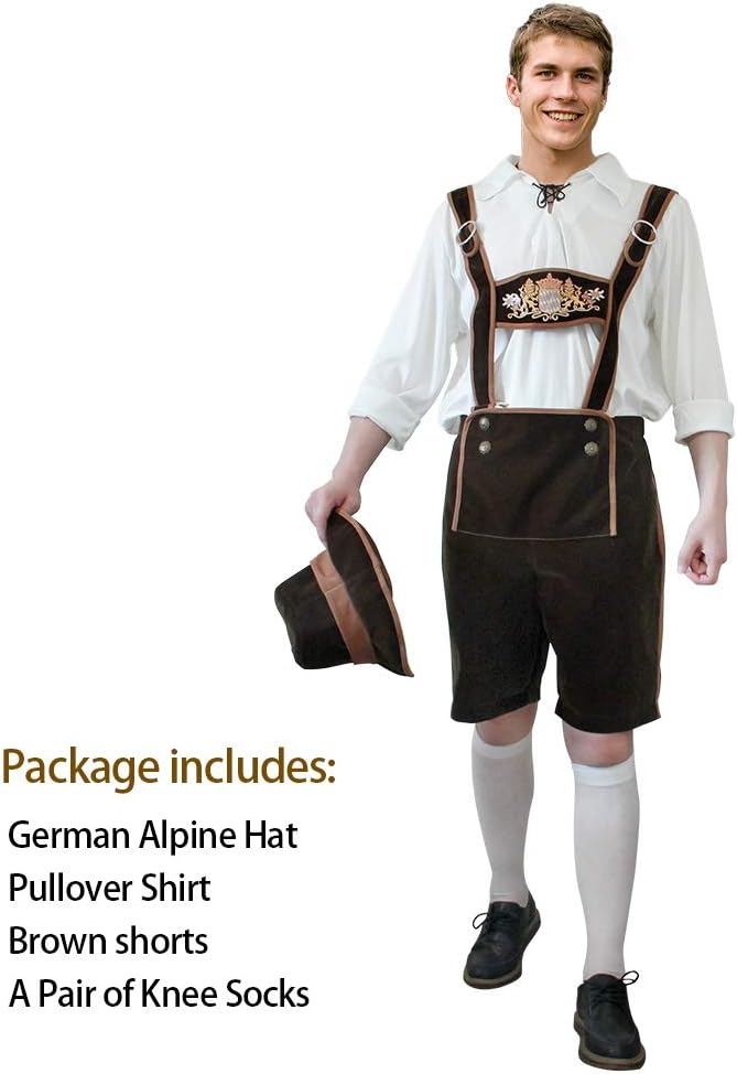 Men's German Lederhosen Oktoberfest Costume, One Size Fits Most (Fits Waist up to 39", Height 5'9"-6'1"), with Adjustable Suspenders