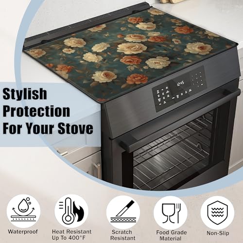 Image of Vintage Rose Flower Glass Top Stove Cover Protector,Retro Floral Heat Resistant Stove Top Cover, Large Size Range Covers for Electric Stove Countertop Mat, 28 x 20 Inch