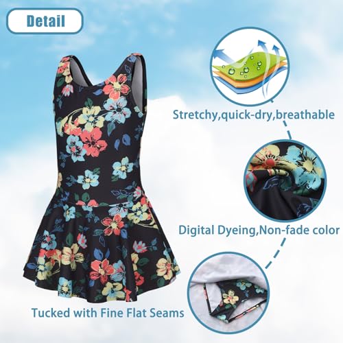 Image of Girls One Piece Swimsuits Leopard Bathing Suit for Kids Hawaiian Swimwear with Skirt Swim Dress 3-16 Years