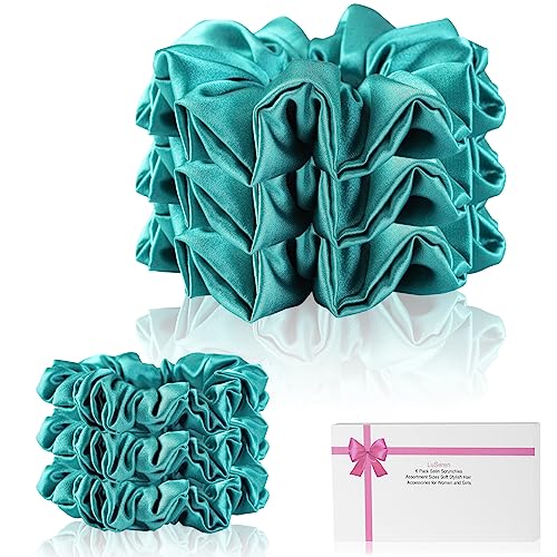 LuSeren 6 Pack Assortment Sizes Silk Satin Scrunchies - Soft Stylish Hair Accessories, Bands, Ties, and Ropes for Women and Girls, Blackish Green