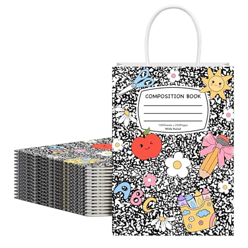 Gueevin 12 Pcs Back to School Gift Bags Composition Notebook Pattern Bulk Teacher Appreciation Gift Bags with Handles First Day of School Classroom Decor for Kindergarten Preschool Party Favors