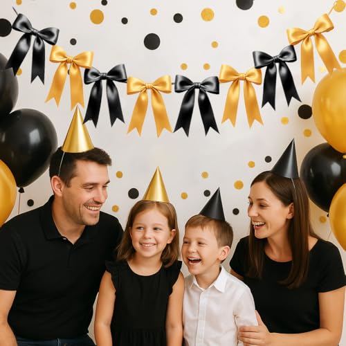 Image of 1 String of 8PCS Black&Gold Bow Garland Banner Decoration,Pre-Strung Satin Ribbon Ornaments for Birthday,Bachelorette Party,Bridal Shower,Wedding,Engagement,Baby Shower,Graduation Decor,Anniversary