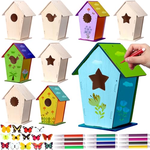 Outus 12 Pcs Large DIY Wooden Birdhouse Kit 5 × 7 Inch Unfinished Bird House Crafts for Kids with Butterfly Sticker Gifts 4 Shapes Birdhouse Outdoor Summer Crafts(Vintage)