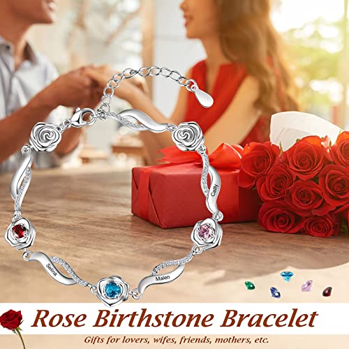 LanM Mom Gifts Personalized Mothers Bracelet with 3 Birthstones Rose Flower Bracelets for Women Custom Mom Bracelet with Names, Mothers Day, Birthday, Anniversary