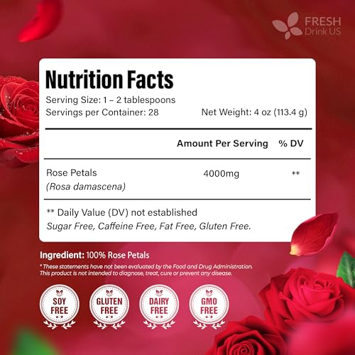 Image of FreshDrinkUS, Premium 8oz Dried Rose Petals, 100% Natural & Pure, Herbal Tea, Daily Infusion Botanical, No Sugar, No Caffeine, No Gluten, Vegan. Rich in Antioxidants.