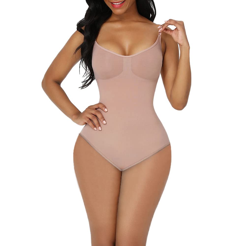 KOEMCY Body Shaper for Women Seamless Body Shapewear Sexy Slimming Bodysuit Tummy Control Shapewear Adjustable Shoulder Strap V-Neck Leotard Jumpsuit Tops