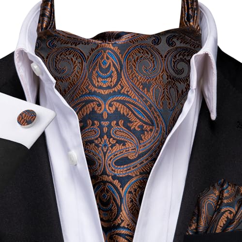 Image of Hi-Tie Silk Ascot for Men Self Tie Men's Cravat and Flower Lapel Pin Handkerchief Cufflinks Set for Wedding Party