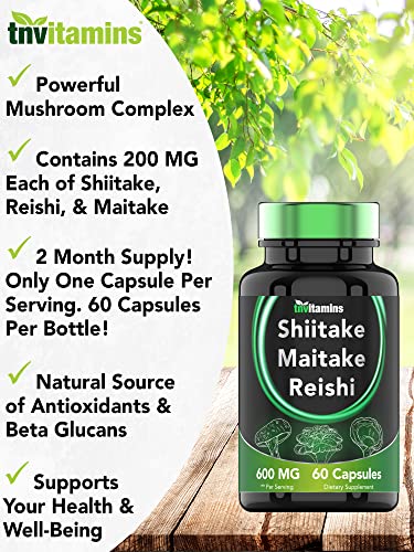 Reishi, Maitake, & Shiitake Mushroom Complex Supplement (60 Capsules X 600 Mg) | Natural Beta Glucan Supplement | Powerful Mushroom Powder Extract | Non-Gmo | Gluten, Nut, & Dairy-Free | By Tnvitamins #TOP2