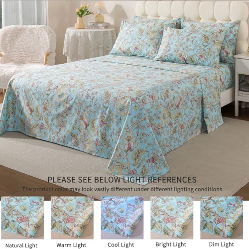 Image of FADFAY Full Sheet Set 4 Piece 100% Egyptian Cotton Bed Sheets Deep Pocket, Soft Breathable Vintage Blue French Country Bedding Shabby Cottagecore Floral Bedding Luxury Hotel Quality for All Seasons