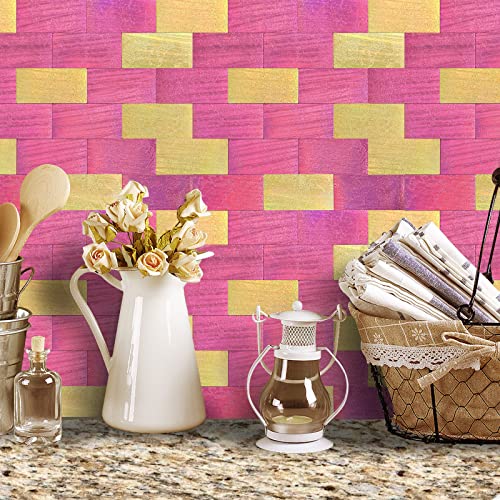 Mohepo 10 Sq.ft Metal Subway Backsplash Peel And Stick Tile Stick On Tiles Self-Adhesive Metal Mosaic For Kitchen Bathroom In Shine Pink Gold #TOP3