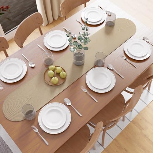 Image of Encasa XO Table Runner for 4 Seater | Handmade Ribbed Style Cotton | 30x137 cm | Beige | for Dining & Center Table
