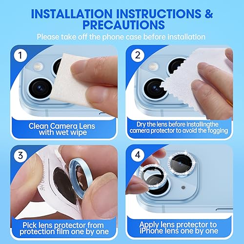 Image of Glass Camera Lens Protector Compatible For Iphone 15 /15 Plus Bling,Individual Metal Diamond Ring 9H Hardness Scratchproof Protector,Stylish Accessories,Case Friendly(Blue Diamond)