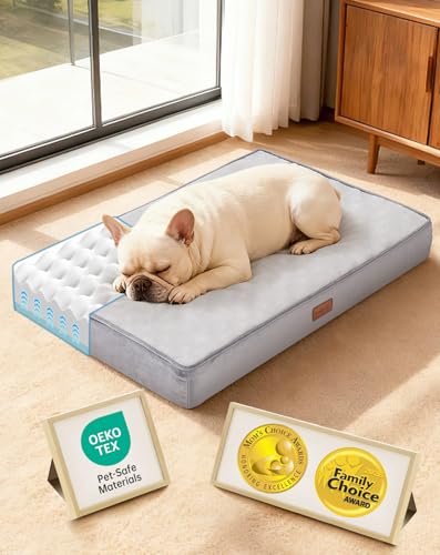 OhGeni Orthopedic Waterproof Dog Bed for Medium Dogs Machine-Washable Removable Cover in Easy-Clean Fabric Reversible Memory Foam & Easy-Carry Handle Suitable for Crate 30 inch (Gray)
