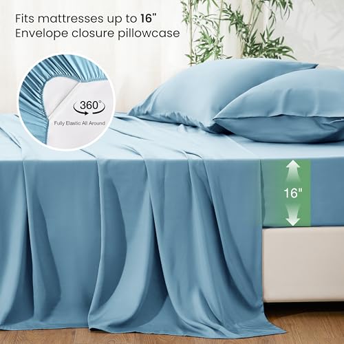 Image of Love's cabin 4 Piece King Size Sheet Set, 100% Rayon Derived from Bamboo, Cooling & Breathable, Soft Silky Deep Pocket up to 16 inch, Hotel Luxury Bedding for Hot Sleepers, Aqua