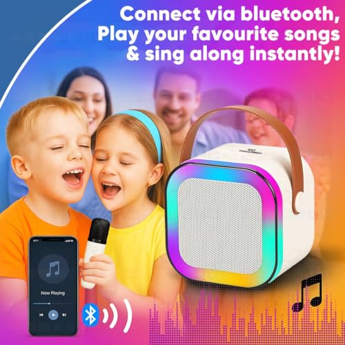 Image of Portable Bluetooth Karaoke Speaker with Wireless Microphone RGB Light Rechargeable Battery Compact Party Music System with Carry Handle Travel Toy