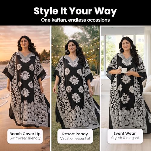 Image of Oussum Women Polyester Casual Long Plus Size Beach Caftan Cover Up Maxi Dress 1X-3X Summer Kaftan Dresses for Women