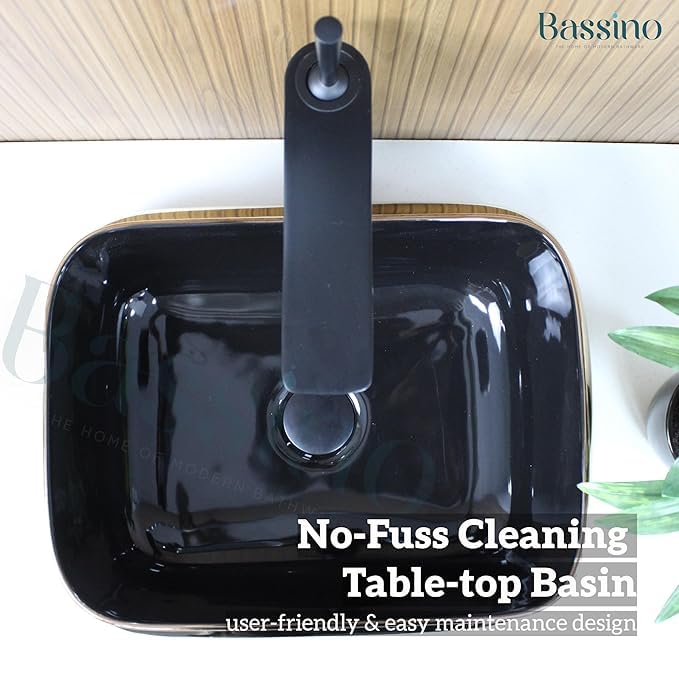 Image of BASSINO 18x14x6 Inches Ceramic Counter Top Wash Basin /1 Year Warranty /Black & Gold Basin for Bathroom /Rectangular Shape Tabletop Washbasin for Restaurant /Dining Hall /Living Room /Home(Glossy)