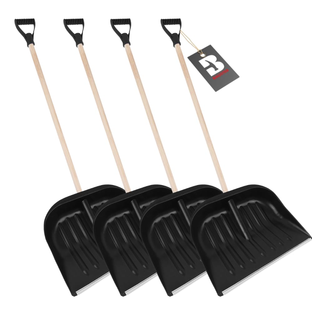 Schneeschaufel Set 4 Stück – Schneeschieber mit Aluminiumkante, Holzstiel & D-Griff – Robuste Schneeschaufeln für Einfahrt, Gehweg, Terrasse – Schwarz