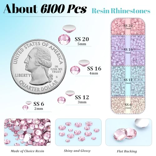 6100Pcs Resin Rhinestones for Crafting with 2Pcs 10ml B7000 Jewelry Glue, 1 Box Flatback Crystals Diamond (Light Pink) for Bedazzling Crafts DIY Nail Art Non Hotfix Gems for Clothing Shoes