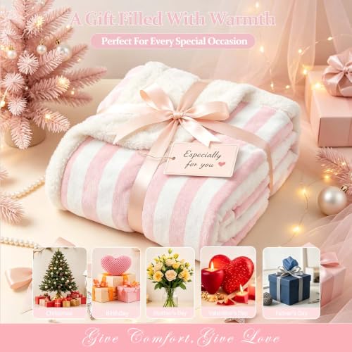 Feelyou White Pink Striped Throw Blanket Striped Soft Fleece Sherpa Cozy Fuzzy Plush Warm Geometric Fuzzy Plush Throw Basic Simple Twin 60"x80" for Bed Couch Living Room by Feelyou - Used condition - Image 8