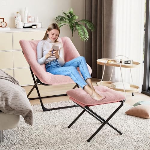 Comfy Chair, Oversized Faux Fur Foldable Lounge Chair for Adults, X-Large Saucer Chair with Sturdy Metal Frame, Plush Accent Chair for Bedroom, Living Room, Dorm - Pink