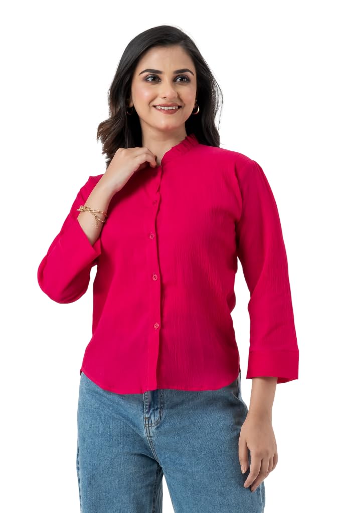 Women's Solid Textured Button-Down Casual Shirt | Mandarin Collar Top | 3/4 Sleeve Crinkle Texture Top | Lightweight Everyday Office Wear Tunic for Women-picture-27