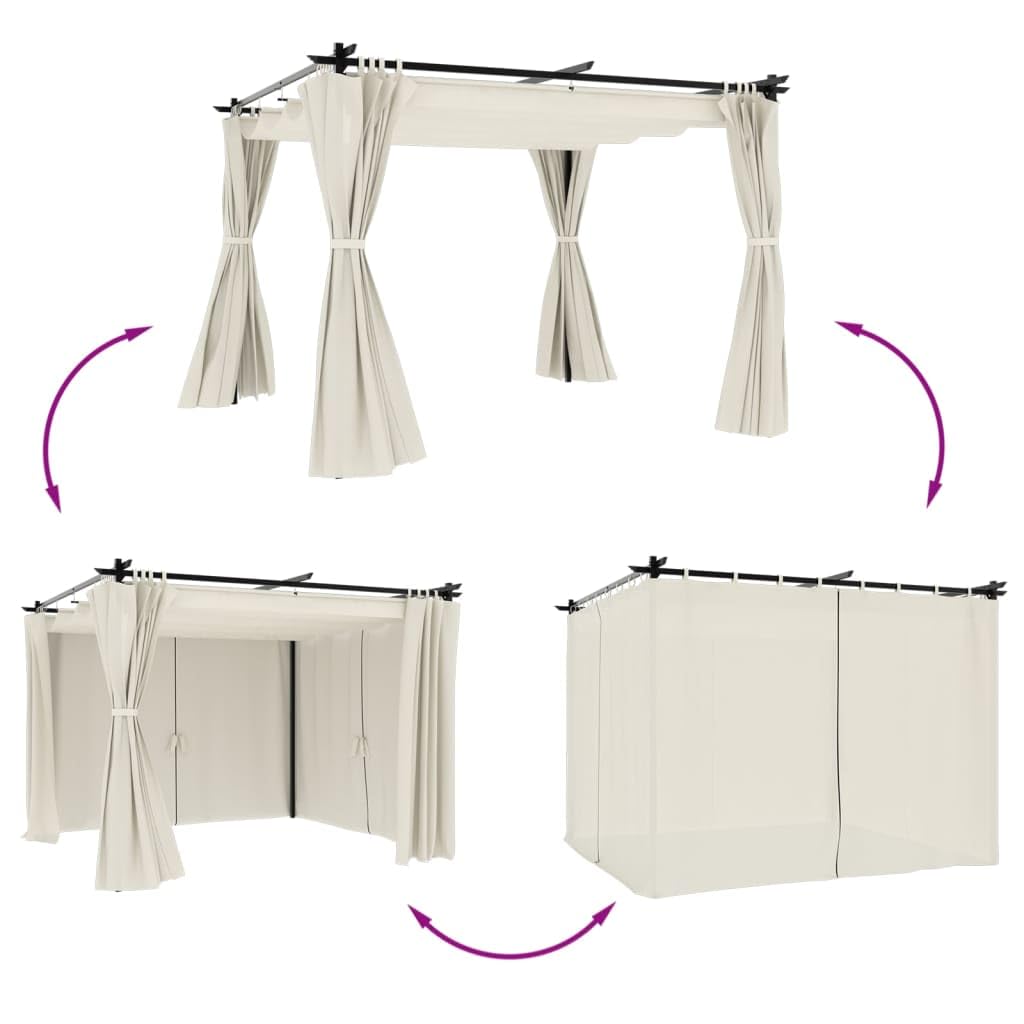 Gazebo da Giardino 3x3 m con Tende Crema in Acciaio | Pergolato da esterno per giardino e patio con tetto retrattile regolabile e tende laterali con cerniera.