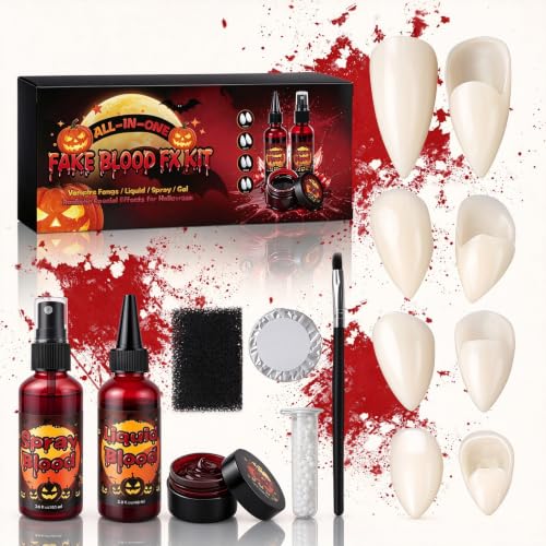 Vampire Teeth Fangs for Adults with Fake Blood Makeup Kit, 4 Pair...