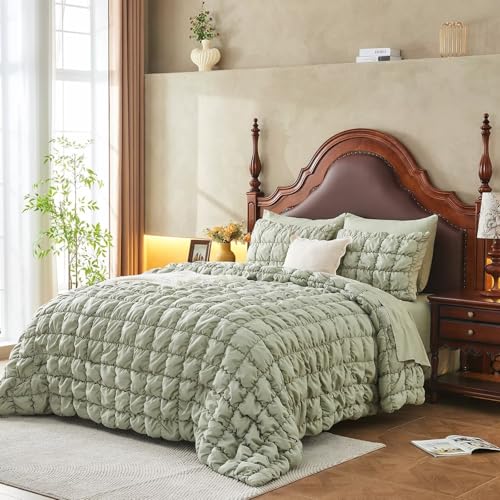 Image of Green Comforter Set King Size Bed in A Bag 7 Piece Pinch Pleat Bedding Set, Pintuck Ruched Square Bed Set with Comforter, Sheets, Pillowcases & Shams