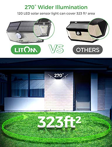 LITOM 120 LED Solar Lights Outdoor, upgraded Solar Panel with 3 Optional Modes and 270°Wide Angle, IP67 Waterproof, Portable Solar Powered Security Light 4 Pack