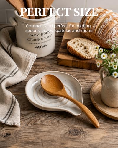 Image of LAUCHUH Spoon Rest, 5 inches Large Ceramic Spoon Rest for Stove Top Cooking Spoon Holder for Kitchen Counter Spatula Holder for Tongs, Ladle, Fork, Heat-Resistant, Beige with Speckled