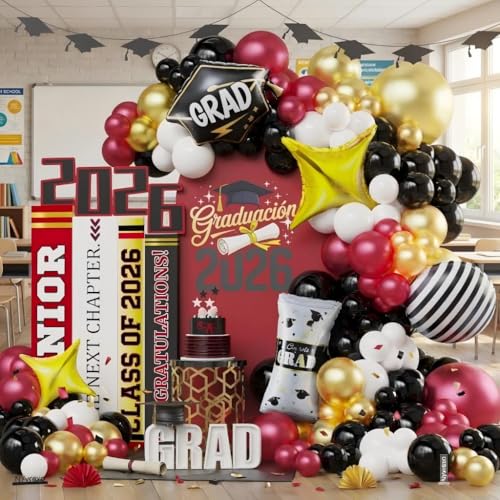 Image of Graduation Balloon Garland Arch Kit 2026, 150Pcs Burgundy Black Gold White Balloons for Class of 2026 Celebration Graduation Party Decorations, Congrats Grad Backdrop Decor