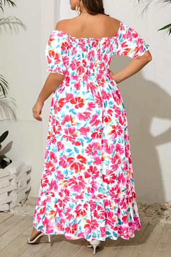 Image of Plus Size Summer Dresses Sun - Maxi Boho Casual Off Shoulder Floral Lace Long Dress with Pockets
