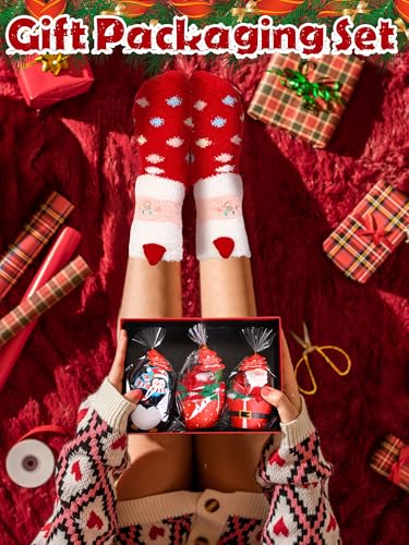 Image of Glitopper 24 Pairs Christmas Cupcake Fuzzy Socks Gift Cartoon Plush Fluffy Slipper Socks Winter Warm Socks for Women Holiday Soft Sleeping Sock for Unisex Adult Coworkers Christmas Gift