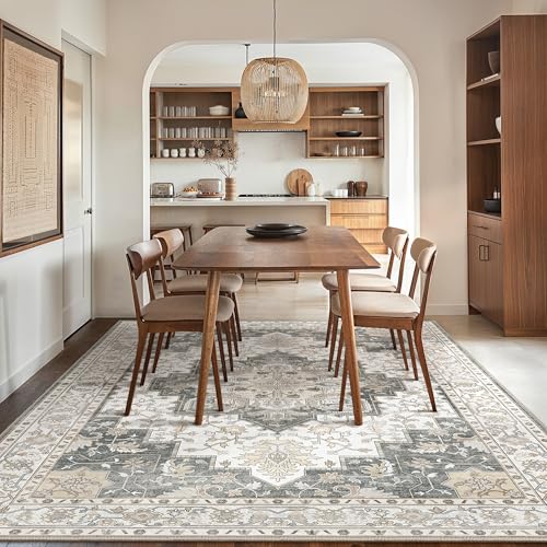 GENIMO 7'6''x9'6'' Area Rugs for Living Room, Machine Washable Non Slip Vintage Rugs, Low Pile Lightweight Chenille Print Rug for Bedroom, Dining Room, Home Office, Heathered Grey