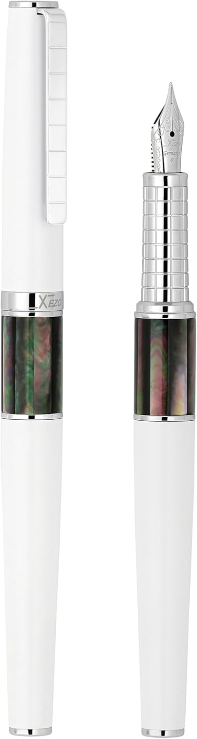 Xezo Speed Master Fountain Pen, Fine Nib. Matte White Color with Tahitian Black Mother of Pearl. Chrome Plated. Lightweight Brass Body. No Two Alike. Etched With a Serial Number