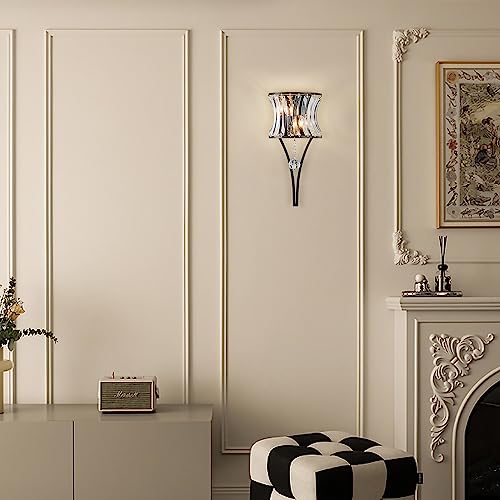 Image of Crystal Wall Sconce 2-Light Black Wall Light Fixture Modern Luxury K9 Crystal Sconces Wall Lighting Elegant Glass Wall Mount Light Indoor for Bathroom Living Room Bedroom Hallway E14 Base