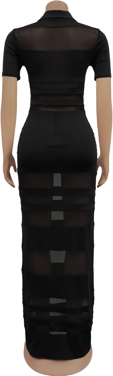Sexy Mesh See Through Maxi Dress for Women Short Sleeve Polo Collar Bodycon Club Party Dress Night Out Cover Up - Image 5