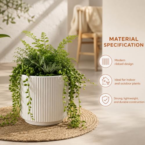 Image of elaris Elegant Ribbed Ceramic Planter for Indoor Plants | Contemporary Textured Flower Pot for Living Room, Bedroom, Office Desk, Shelf & Tabletop Decor (White) 3.74 inch