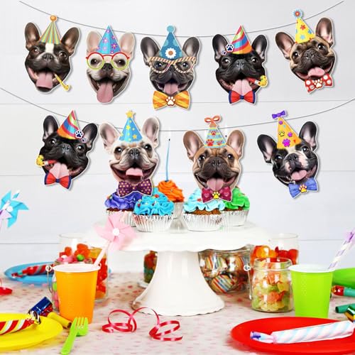 Image of French Bulldog Birthday Garland - Photographic Frenchie Faces Birthday Banner, Funny French Bulldog Bday Party Decoration for Frenchie Lovers, Easy Assembly