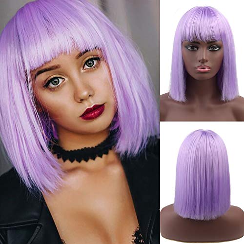 Synthetic Wigs Short Straight Bob Wigs with Bangs for Women 12 Inch Shoulder Length Purple Wigs Pastel Bob Wigs for Cosplay