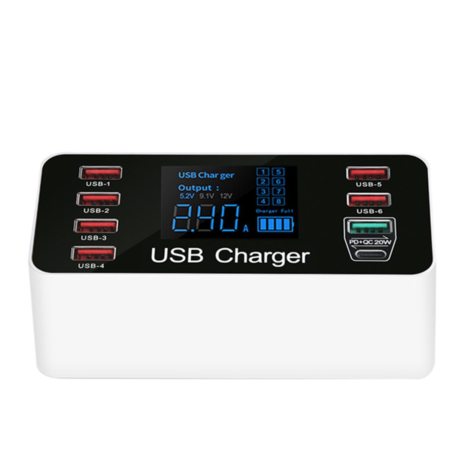 Stazione di ricarica USB per caricabatterie multiplo USB da 40 W, hub per caricabatterie USB multiporta con display Alimentatore USB compatibile con telefoni iOS e Android