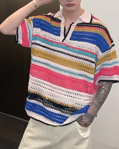CORIRESHA Men's Hollow Out Striped Sweater Collared Short Sleeve Casual Knit Top2