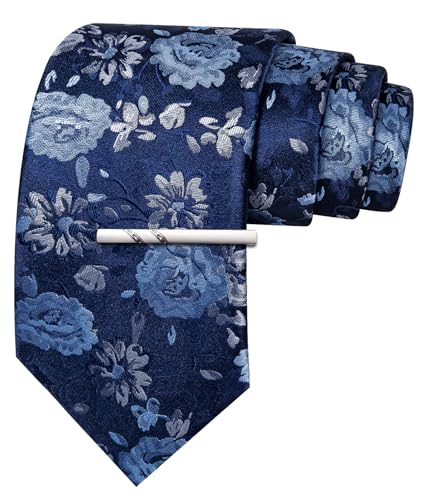 Image of Barry.Wang Floral Ties for Men Flower Necktie with Tie Clip Formal