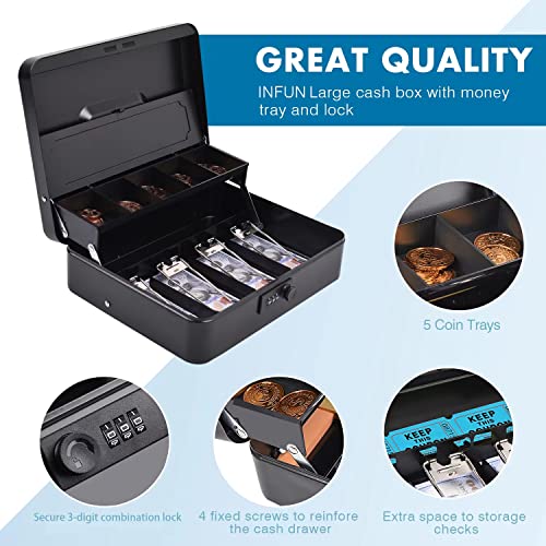 Infun Large Cash Box With Coin Tray Cover,11.8"L X 9.5"W Steel Money Boxes With Money Tray And Combination Lock, Portable Money Box With Security Slot And Security Cable - Black #TOP2